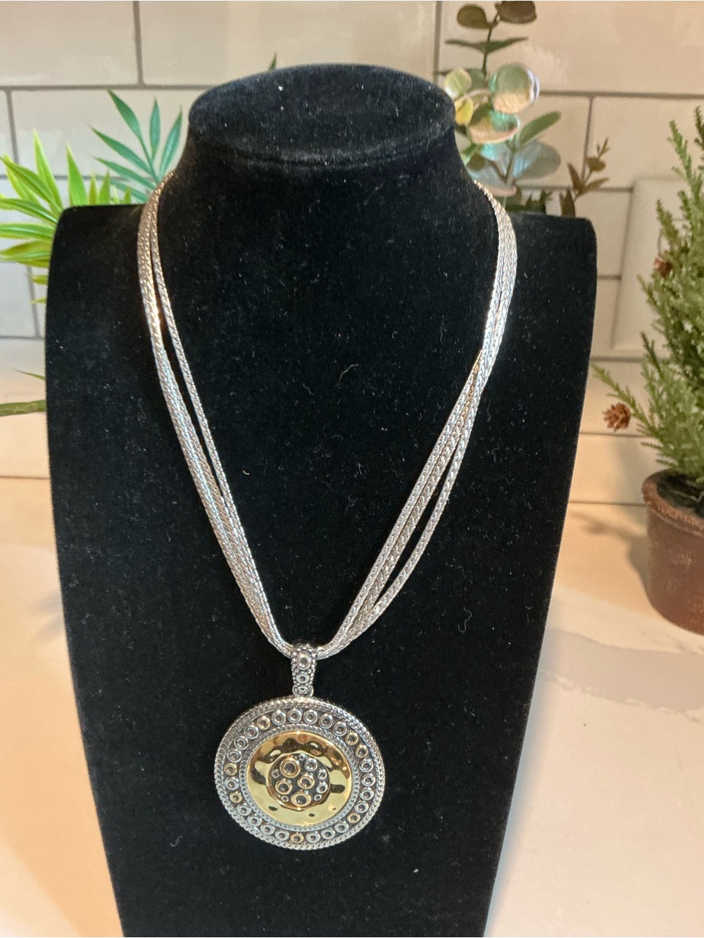 Silver-Tone Layered Pendant Necklace with Gold Accent